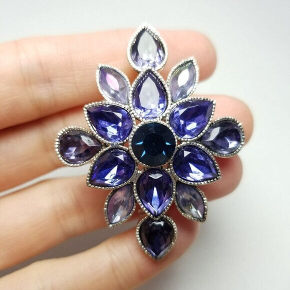Vintage Liz Claiborne Blue Purple Rhinestone Cluster Starburst Brooch, Estate - Picture 7 of 7
